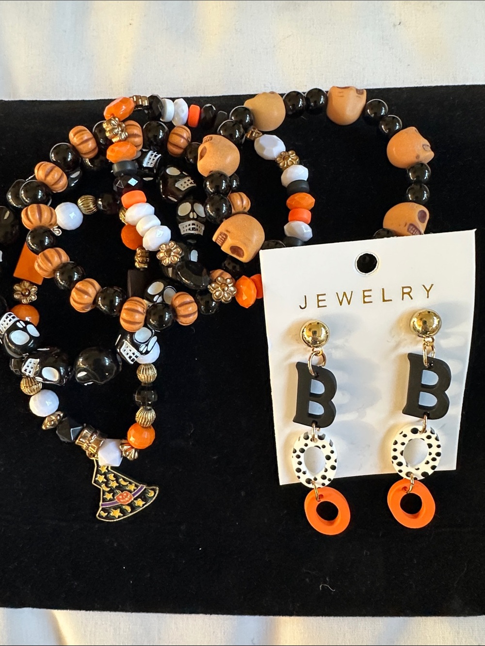 Halloween-Inspired Black & Orange Beaded Bracelets with Boo Dangle Earrings